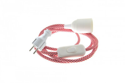 Textilní kabel Spirála Červeno-Bílá 26 s objímkou, vypínačem a vidlicí