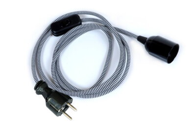 Textilní kabel Zig Zag Černo-Bílá 24 s objímkou, vypínačem a vidlicí