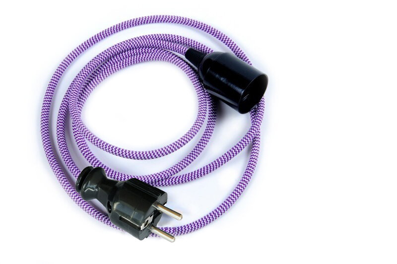 Textilní kabel 2x0,75mm2 Zig Zag Fialovo-Bílá 22 s objímkou a vidlicí
