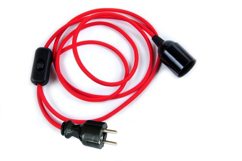 Textilní kabel Červený CE9 s objímkou, vypínačem a vidlicí