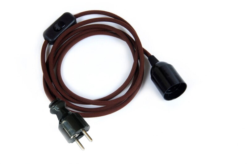 Textilní kabel Hnědý H13 s objímkou, vypínačem a vidlicí