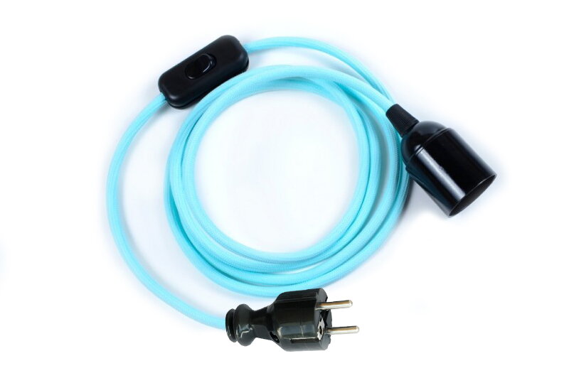 Textilní kabel Modrý Světlý M17 s objímkou, vypínačem a vidlicí