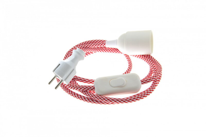 Textilní kabel Spirála Červeno-Bílá 26 s objímkou, vypínačem a vidlicí