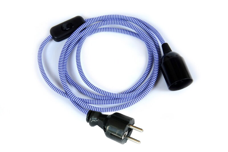 Textilní kabel Zig Zag Modro-Bílá 23 s objímkou, vypínačem a vidlicí
