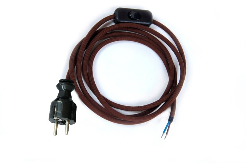 Přívodní textilní kabel k lampičce 1,8 m Hnědý 13, vidlice + vypínač