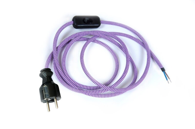 Přívodní textilní kabel k lampičce 1,8 m Zig Zag Fialovo-Bílá 22, vidlice + vypínač