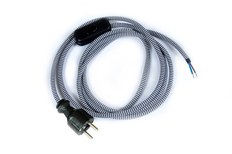 Přívodní textilní kabel k lampičce 1,8 m Zig Zag Černo-Bílá 24, vidlice + vypínač